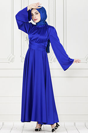 Çapraz Kuşaklı Saten Abiye Elbise-Saks Mavi