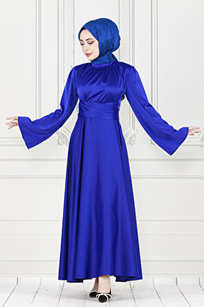 Çapraz Kuşaklı Saten Abiye Elbise-Saks Mavi