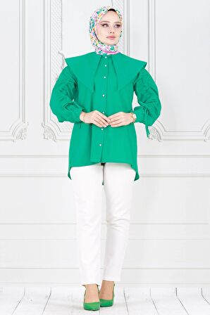 Büyük Yaka Kolu Büzgü Detaylı Tunik-Benetton Yeşili