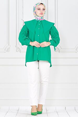Büyük Yaka Kolu Büzgü Detaylı Tunik-Benetton Yeşili