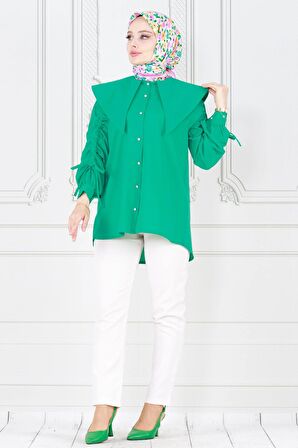 Büyük Yaka Kolu Büzgü Detaylı Tunik-Benetton Yeşili