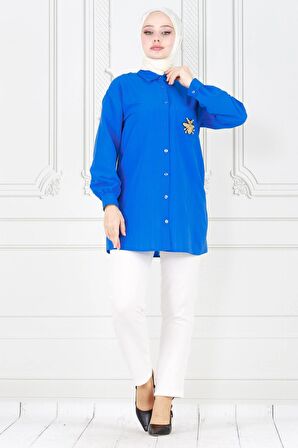 Cebi Arı Detaylı Keten Tunik-Mavi