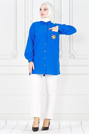 Cebi Arı Detaylı Keten Tunik-Mavi