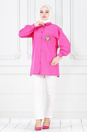 Cebi Arı Detaylı Keten Tunik-Fuşya