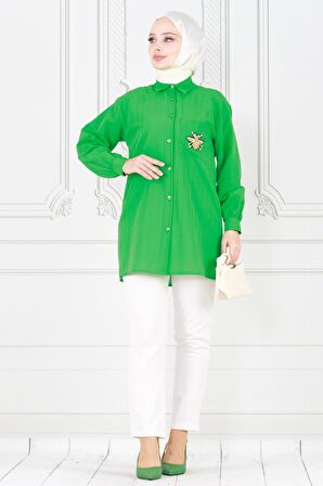 Cebi Arı Detaylı Keten Tunik-Yeşil