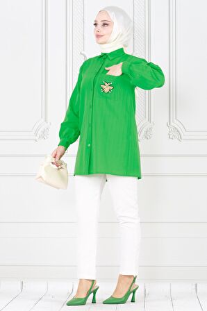 Cebi Arı Detaylı Keten Tunik-Yeşil