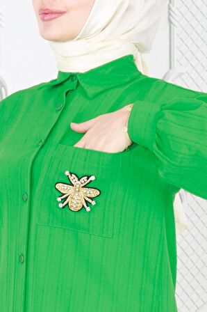 Cebi Arı Detaylı Keten Tunik-Yeşil