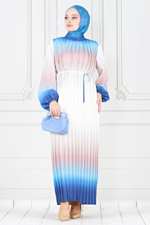 Piliseli Ebruli Tesettür Elbise-İndigo