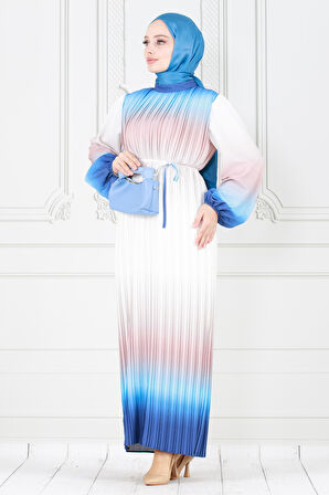 Piliseli Ebruli Tesettür Elbise-İndigo