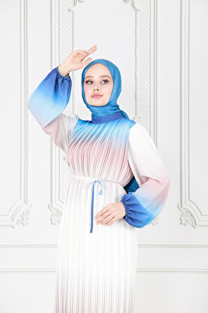 Piliseli Ebruli Tesettür Elbise-İndigo