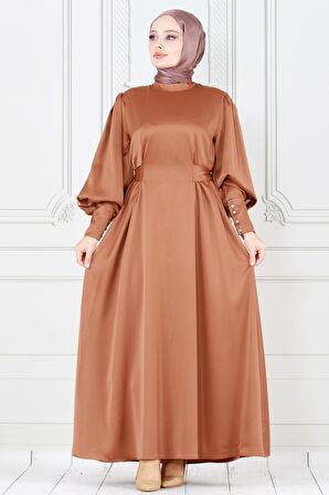 Arkadan Bağlamalı Kolu Düğmeli Saten Abiye-VİZON