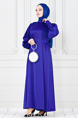 Arkadan Bağlamalı Kolu Düğmeli Saten Abiye-Saks Mavi