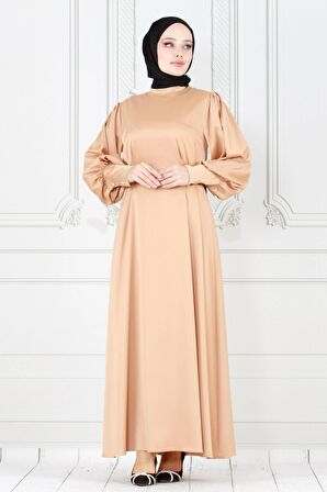 Arkadan Bağlamalı Kolu Düğmeli Saten Abiye-Bej