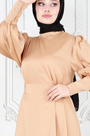 Arkadan Bağlamalı Kolu Düğmeli Saten Abiye-Bej
