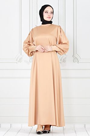 Arkadan Bağlamalı Kolu Düğmeli Saten Abiye-Bej