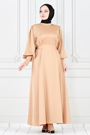 Arkadan Bağlamalı Kolu Düğmeli Saten Abiye-Bej