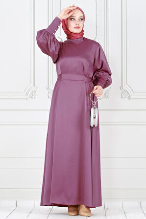 Arkadan Bağlamalı Kolu Düğmeli Saten Abiye-gülkurusu