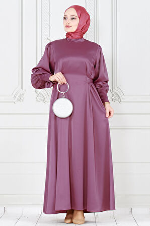 Arkadan Bağlamalı Kolu Düğmeli Saten Abiye-gülkurusu