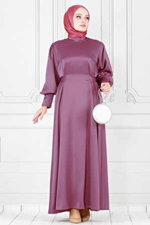 Arkadan Bağlamalı Kolu Düğmeli Saten Abiye-gülkurusu