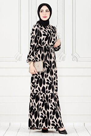 Eteği Fırfır Yaprak Desenli Viscon Elbise-VİZON