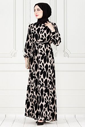 Eteği Fırfır Yaprak Desenli Viscon Elbise-VİZON
