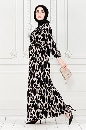 Eteği Fırfır Yaprak Desenli Viscon Elbise-VİZON