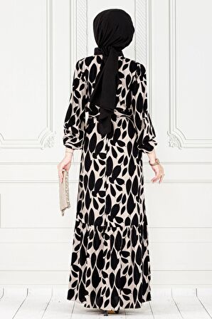 Eteği Fırfır Yaprak Desenli Viscon Elbise-VİZON