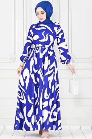 Geometrik Desenli elbise-Saks Mavi