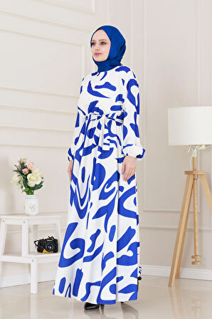 Geometrik Desenli elbise-Beyaz