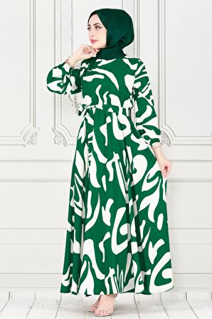 Geometrik Desenli elbise-Benetton Yeşili