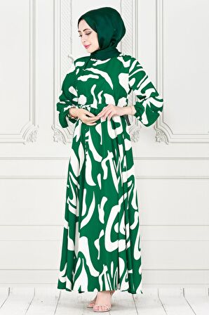Geometrik Desenli elbise-Benetton Yeşili