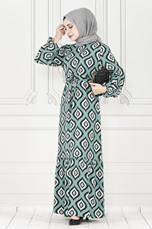 Eteği Fırfır İkat Desen Viscon Elbise-Mint Yeşili