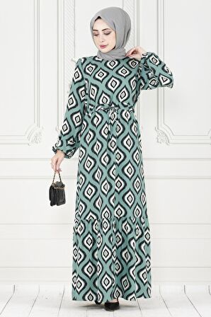 Eteği Fırfır İkat Desen Viscon Elbise-Mint Yeşili