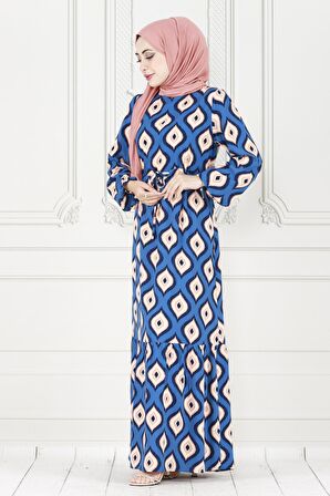Eteği Fırfır İkat Desen Viscon Elbise-Mavi
