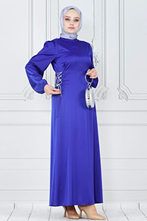 Bağcığı Taş Detaylı Saten Abiye-Saks Mavi