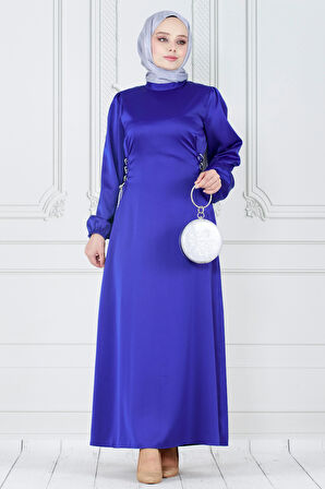Bağcığı Taş Detaylı Saten Abiye-Saks Mavi