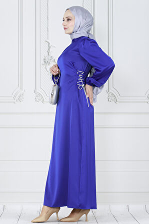 Bağcığı Taş Detaylı Saten Abiye-Saks Mavi