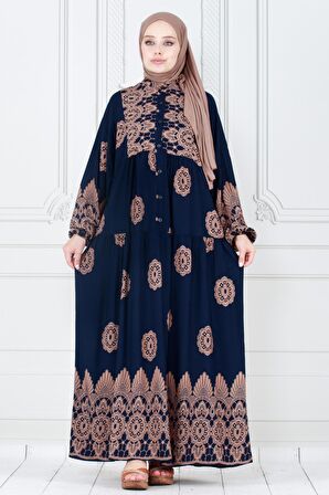 Motif Desen Robalı Viscon Tesettür Elbise-Lacivert