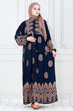 Motif Desen Robalı Viscon Tesettür Elbise-Lacivert