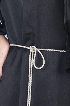 Balon Kol Bel İpi Taş Detaylı Ece Abiye-Siyah