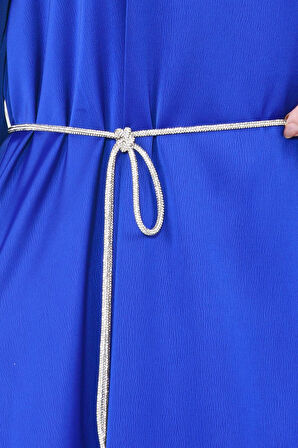 Balon Kol Bel İpi Taş Detaylı Ece Abiye-Saks Mavisi