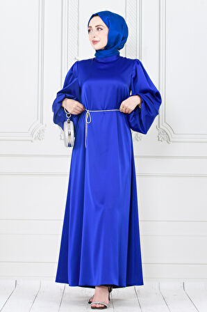 Balon Kol Bel İpi Taş Detaylı Ece Abiye-Saks Mavisi