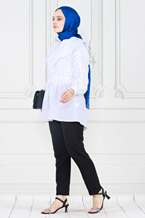 Büyük Yaka Kolu Büzgü Detaylı Tunik-Beyaz