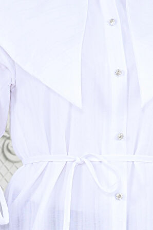 Büyük Yaka Kolu Büzgü Detaylı Tunik-Beyaz