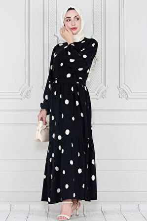 Puantiyeli Prenses Model Elbise-Siyah