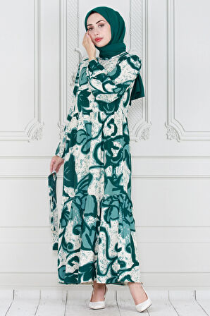 Kuşaklı Lilyum Viscon Elbise-Yeşil