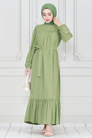 Robalı Kuşaklı Ada Elbise-Fıstık Yeşili