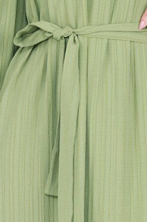 Robalı Kuşaklı Ada Elbise-Fıstık Yeşili