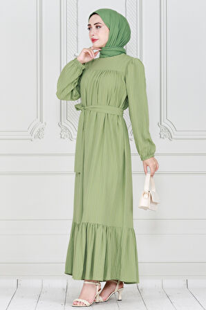Robalı Kuşaklı Ada Elbise-Fıstık Yeşili