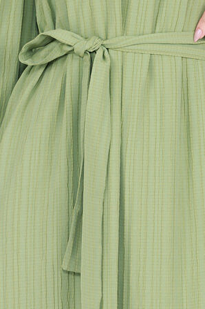 Robalı Kuşaklı Ada Elbise-Fıstık Yeşili